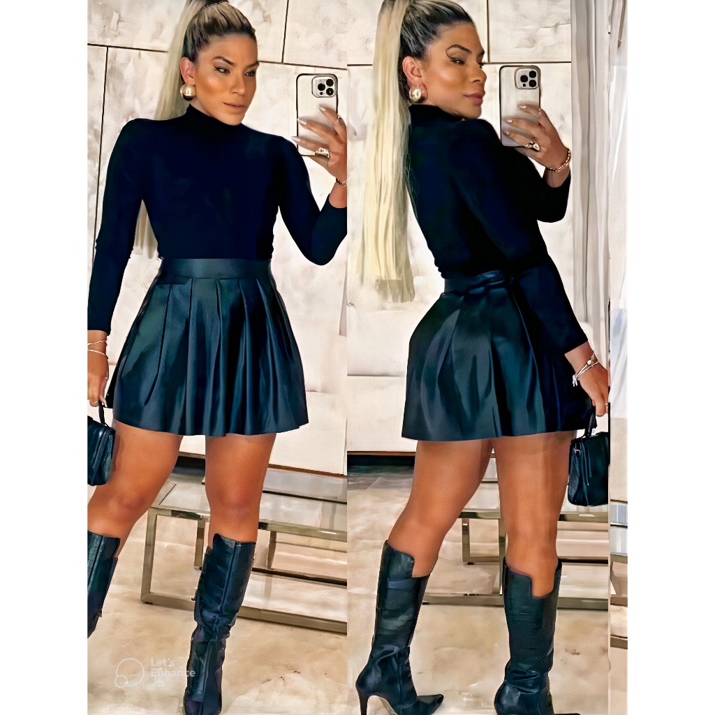 Saia Feminina Curta Plissada Rodada Couro Cirrê Courinho Sintético Modinha Inverno em Oferta na Shopee