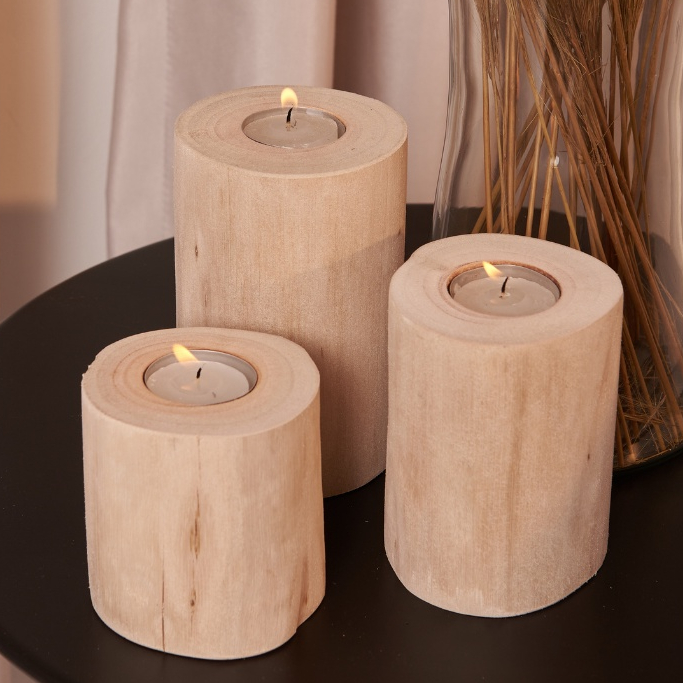 Trio de velas decorativas de tronco de eucalipto