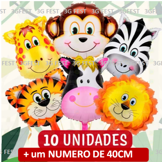 Kit 10 Balão Safari + Nº de 40cm dourado Animais Metalizado Decoração Festa Aniversário Bichinhos fazendinha safari
