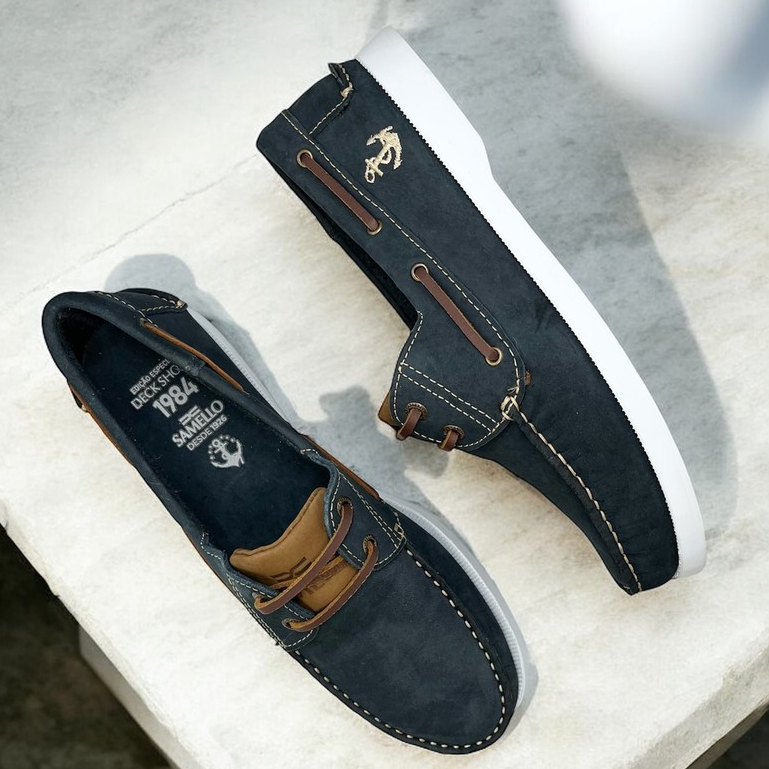 Deckshoes Samello Reef Couro Nobuck Marinho Navy Taupe Mocassim Náutico Âncora Edicão Especial