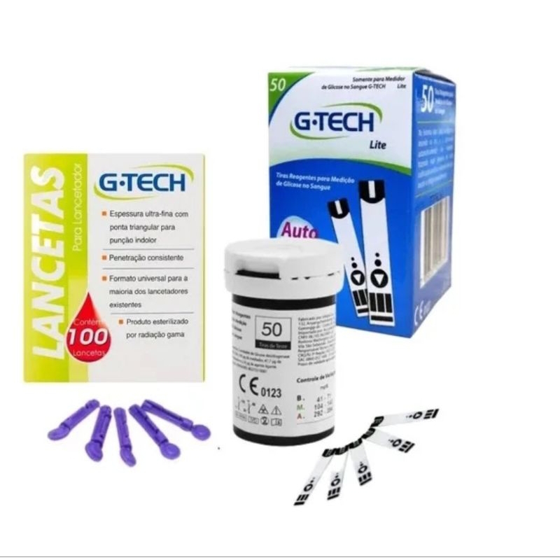 50 Fitas Tiras Reagentes G-tech Lite Glicemia + 100 Lanceta