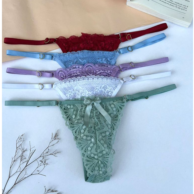 Kit com 5 Calcinhas Fio Dental Luxo com Regulagem de Coração Delicada Lingerie Feminina Roupa Intima