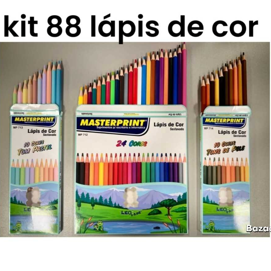 Kit 88 Lápis de Cor (2cx 24 CORES + 2cx Cores Tom Pastel +2cx Cores Tons de Pele) Escolar Sextavado