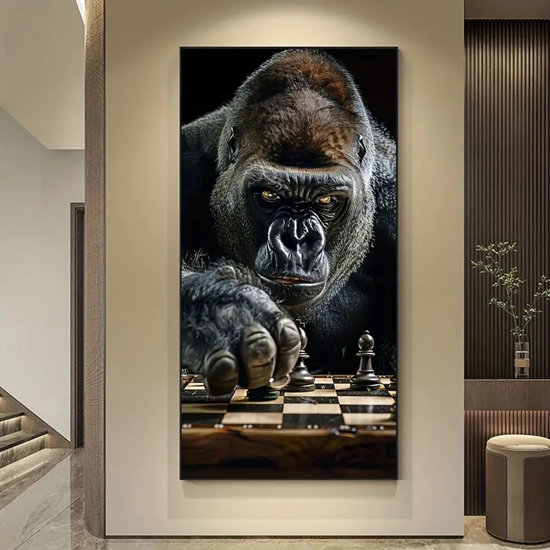 Quadro decorativo 1 peça 90x70 Gorila Abstrato Moderno vintage jogo xadrez decoração para casa sala quarto hall