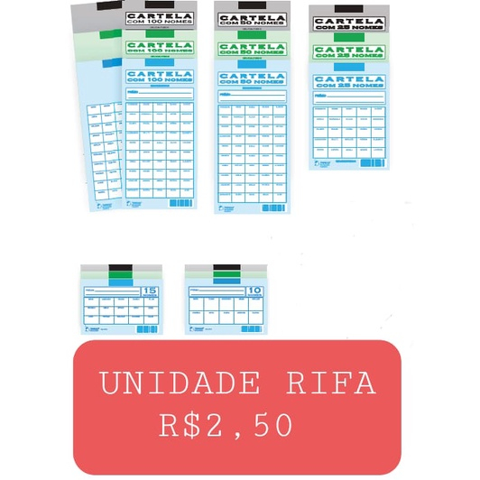 CARTELA DE RIFA TAMOIO KIT 10 UNIDADES(100-50-25-15-10 NOMES)CORES SORTIDAS