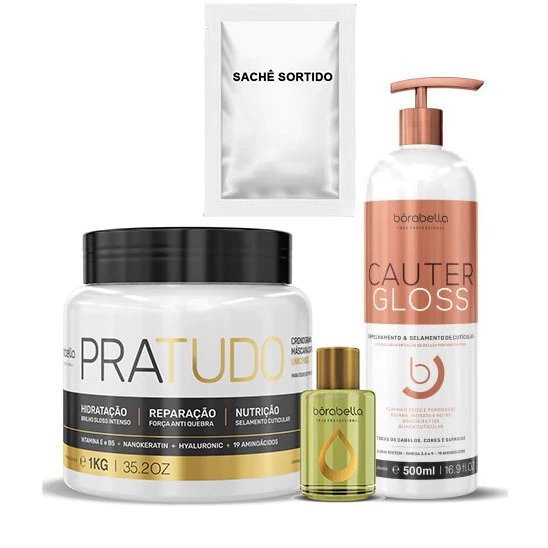 Borabella Cauter Gloss 500ml + Máscara Pra Tudo 1kg + oleo+sachê