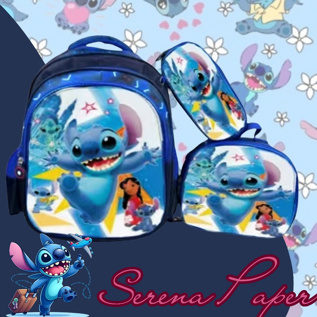 KIT MOCHILA STITCH AZUL (MOCHILA + ESTOJO + LANCHEIRA) / MATERIAL ESCOLAR