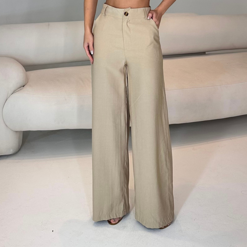 Calça feminina casual elegante pantalona cintura alta com bolso.