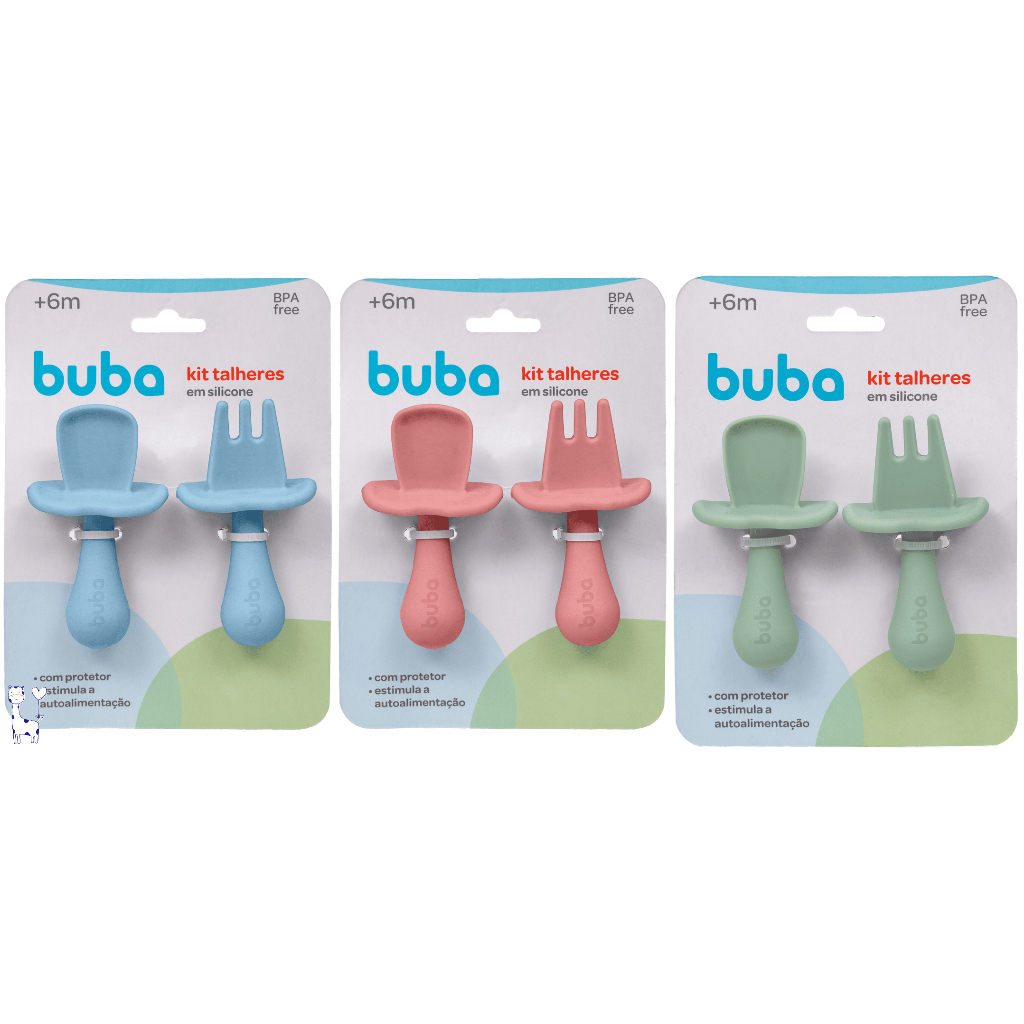 Kit talheres treinamento em silicone Buba colher garfo bebê seguro macio introdução alimentar
