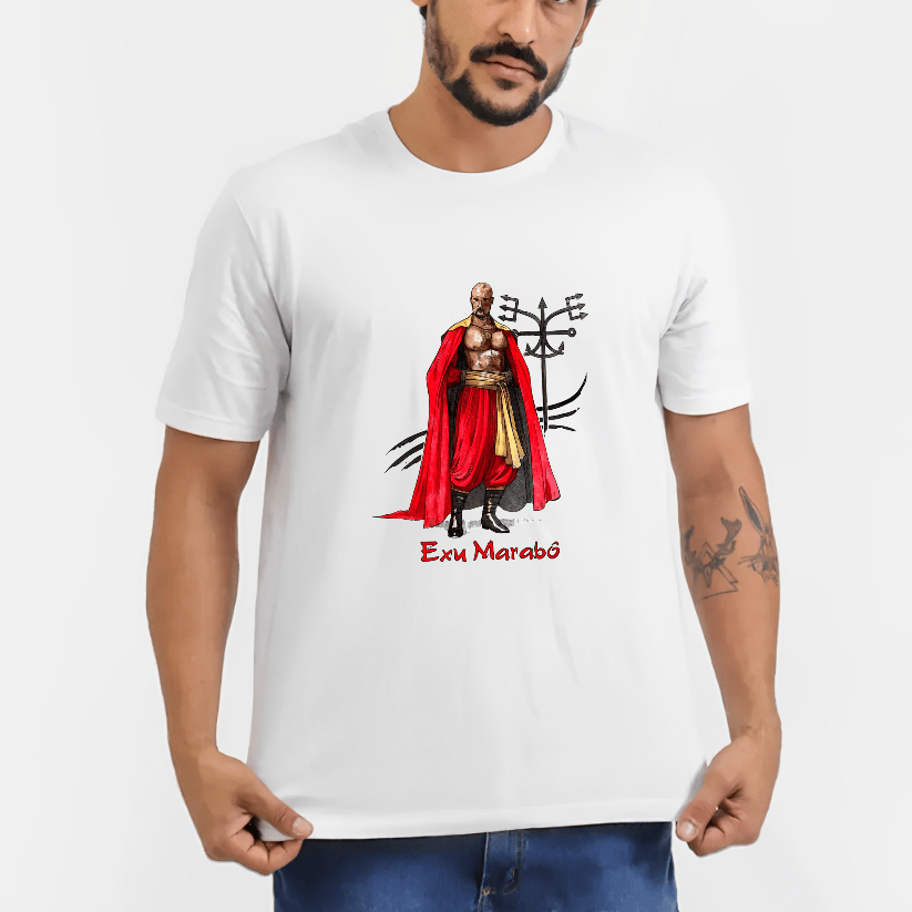 Camiseta Branca Básica Umbanda Exu Marabô Unissex 100% Algodão