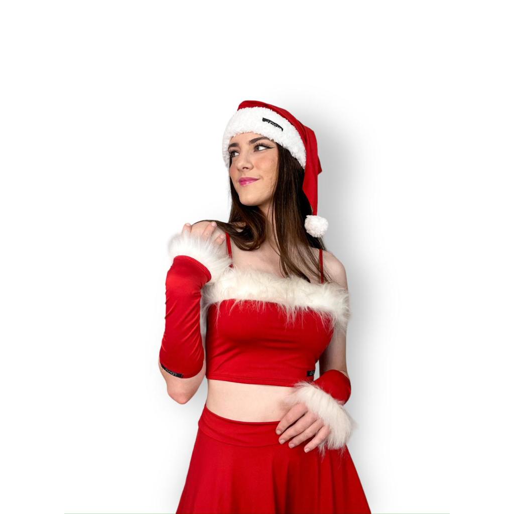 Top Mamae Noel + Luva Pelo Branco Vermelho Verde Rosa e Preto Plus Size Elfo Duende Natal Look Natalino Gotico