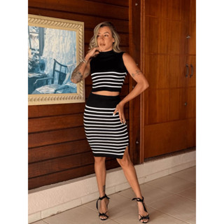 Conjunto Blusinha e Saia Midi Canelada Tricot Poliester Casual Versátil Moda Feminina Tendência em Oferta na Shopee
