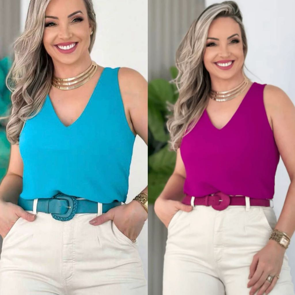 KIT Com 2 Blusa Feminina Social Regata Alça Larga Tecido Duna Tendência Regata Isabella Lisa Básica Elegante Frente Únic
