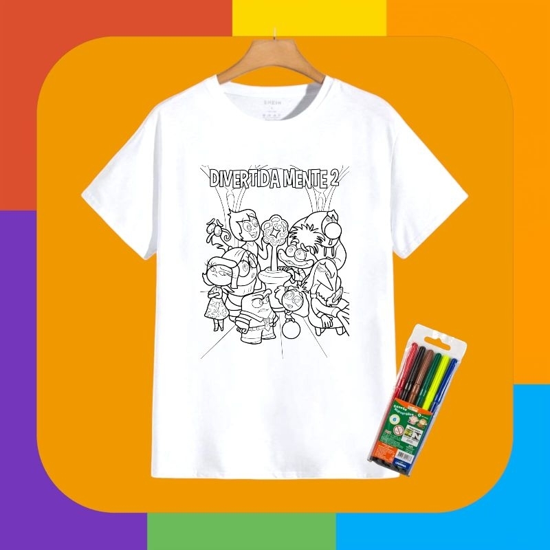 Camisetas Colorir lavável acompanha canetinhas Divertidamente, emoções, várias estampas