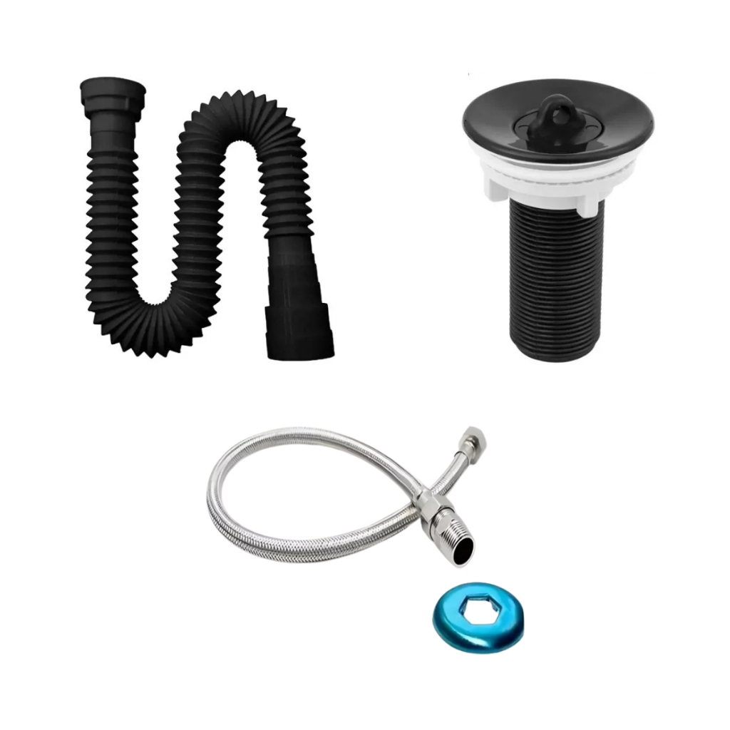 Kit Sifão Preto + Válvula Lavatório/Pia Preto 7/8' + Engate Preto 60cm Universal