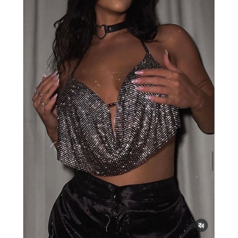 Cropped Top de Strass feminino,Moda balada em Oferta na Shopee