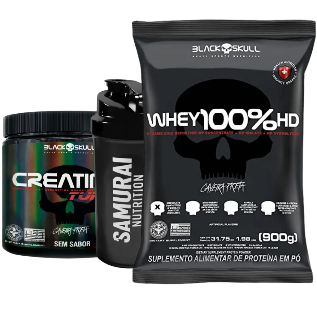 Kit Whey 100% HD refil 900g + Creatina Turbo 300g Blackskull + Coqueteleira 600ml em Oferta na Shopee