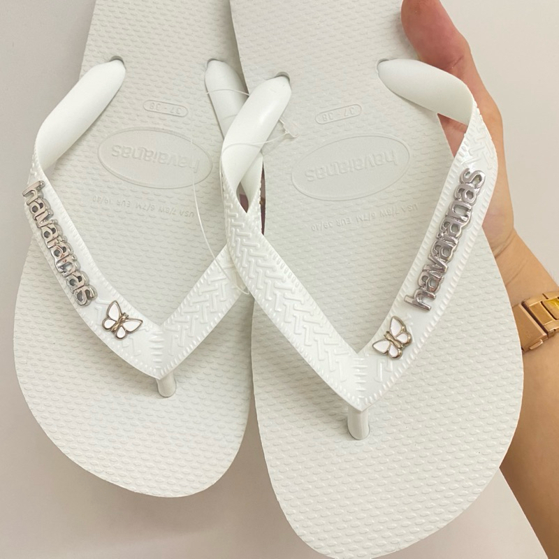 Chinelo Havaianas Top Branco com Pingentes borboleta/prata 23/24 ao 45/46 Original ®️ em Oferta na Shopee