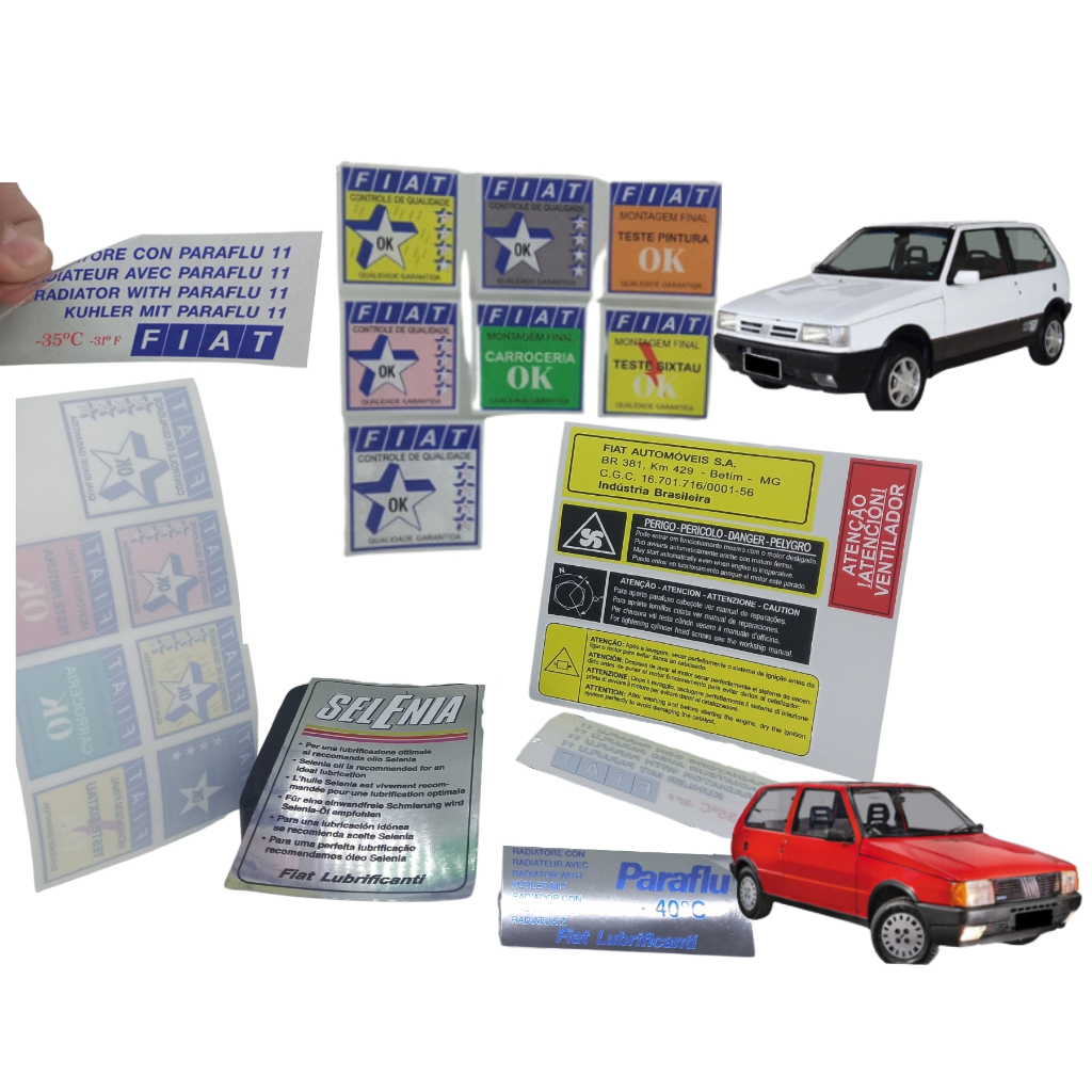 KIT ADESIVOS FIAT UNO, ELBA, PRÊMIO - 1º GERAÇÃO 84 até 94 / MOTOR COFRE, CAPO e PARA-BRISA