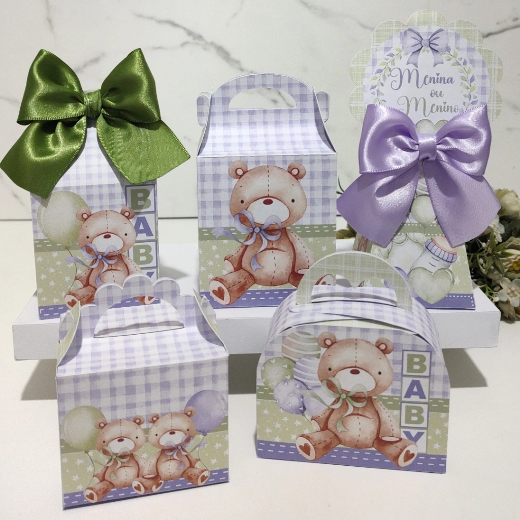 KIT LEMBRANCINHAS URSINHO BABY PERSONALIZADAS PEGUE E MONTE CAIXINHA CHA DE BEBE UNISSEX