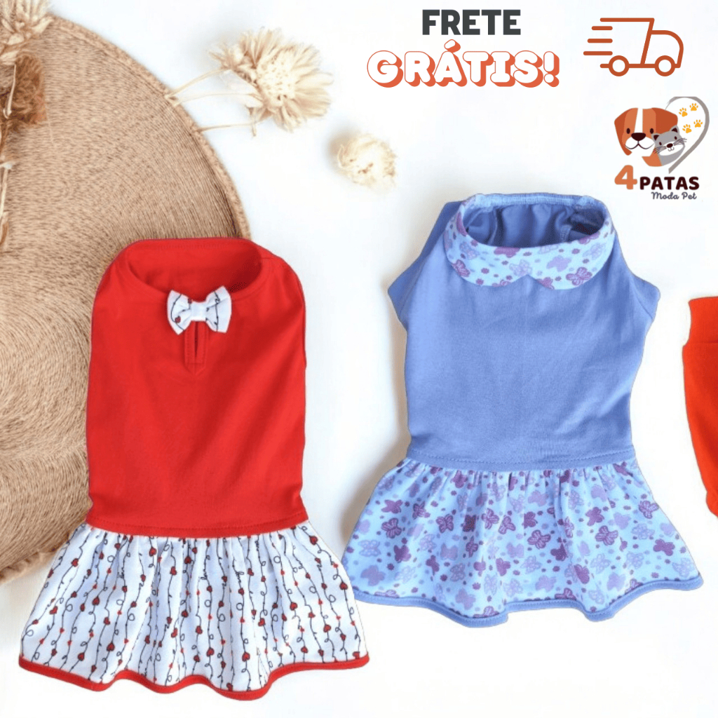 Vestido Pet Roupa de Cachorro Gato Femea Verão Confortavel  Moda Pet Fresquinho 4 Patas Moda Pet