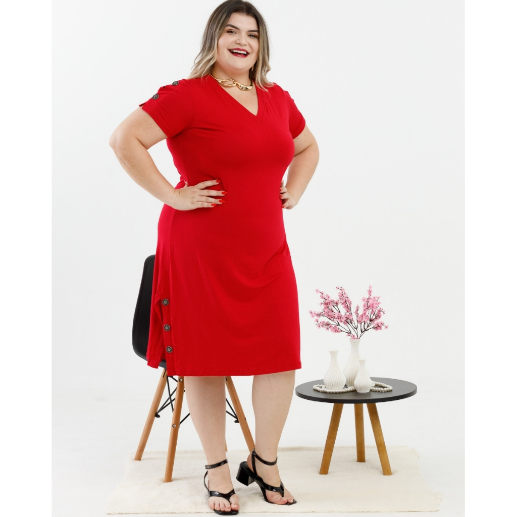 Vestido Casual Médio Visco Lycra Com Botões e Fenda Decote V Plus Size Feminino Moda Verão 47824A