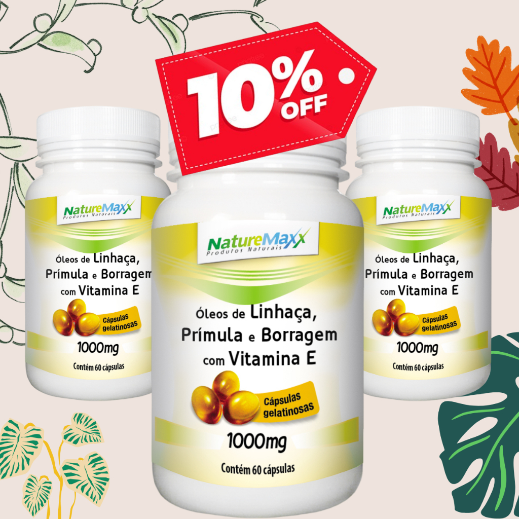 KIT 3x Óleo de Linhaça Prímula Borragem + Vitamina E 1000mg C/60 Cápsulas Menopausa - suplemento  natuverdemax