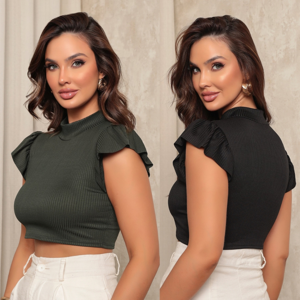 Cropped Feminino Canelado Manga Princesa Blusa Com Elastano Promoção Barato TShirt Confortável