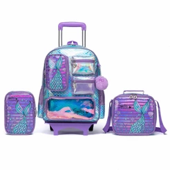 Kit Escolar Infantil Mochila 3 em 1 Feminina Material Reforçado Rodinhas Sereia Estojo Lancheira