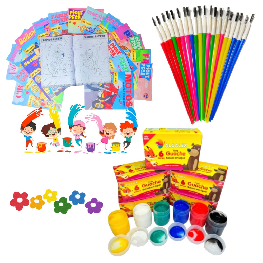 Kit 5 Cx Tinta Guache + 5 Revistinha Livro de Colorir + 5 Pincel Artístico Lembrancinha Infantil