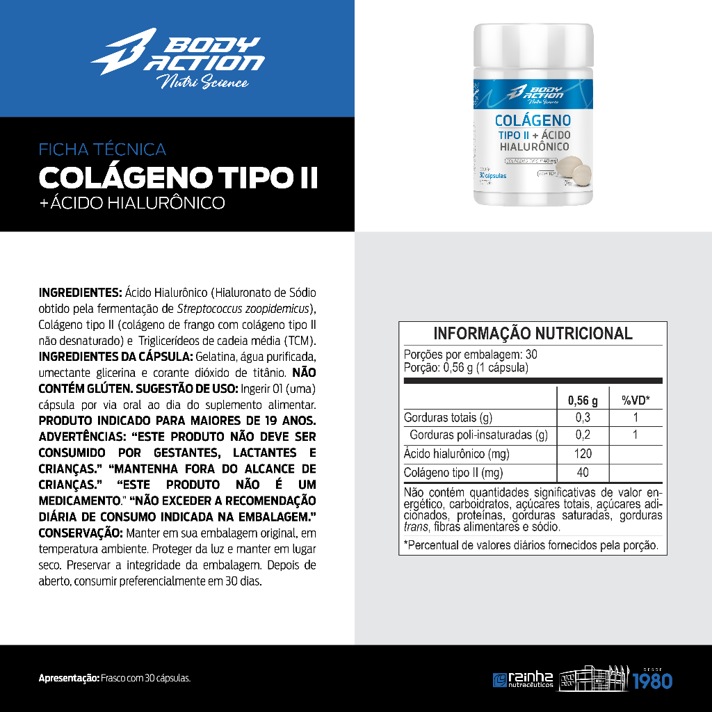 Detalhes do Kit 3x Colágeno Tipo 2 Com Ácido Hialurônico 30 Caps - 3 Meses Bodyaction