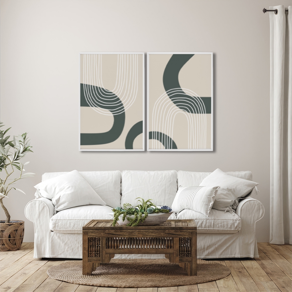2 Quadros Decorativos Abstrato Geometrico Sintonia entre Linhas com Moldura