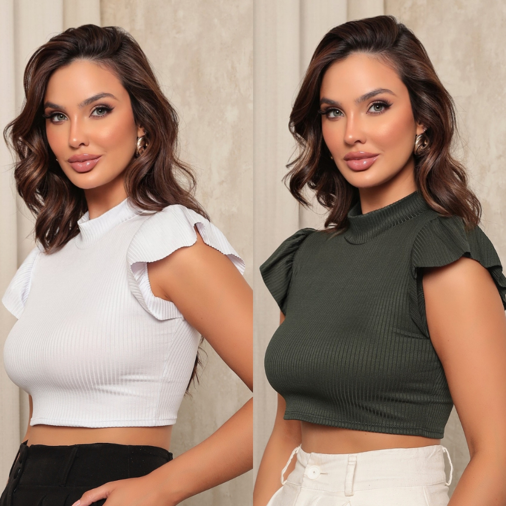 Kit 2 Blusa Canelada Feminina Atacado Barata Manga Princesa Babadinho Cropped Promoção Blusinha