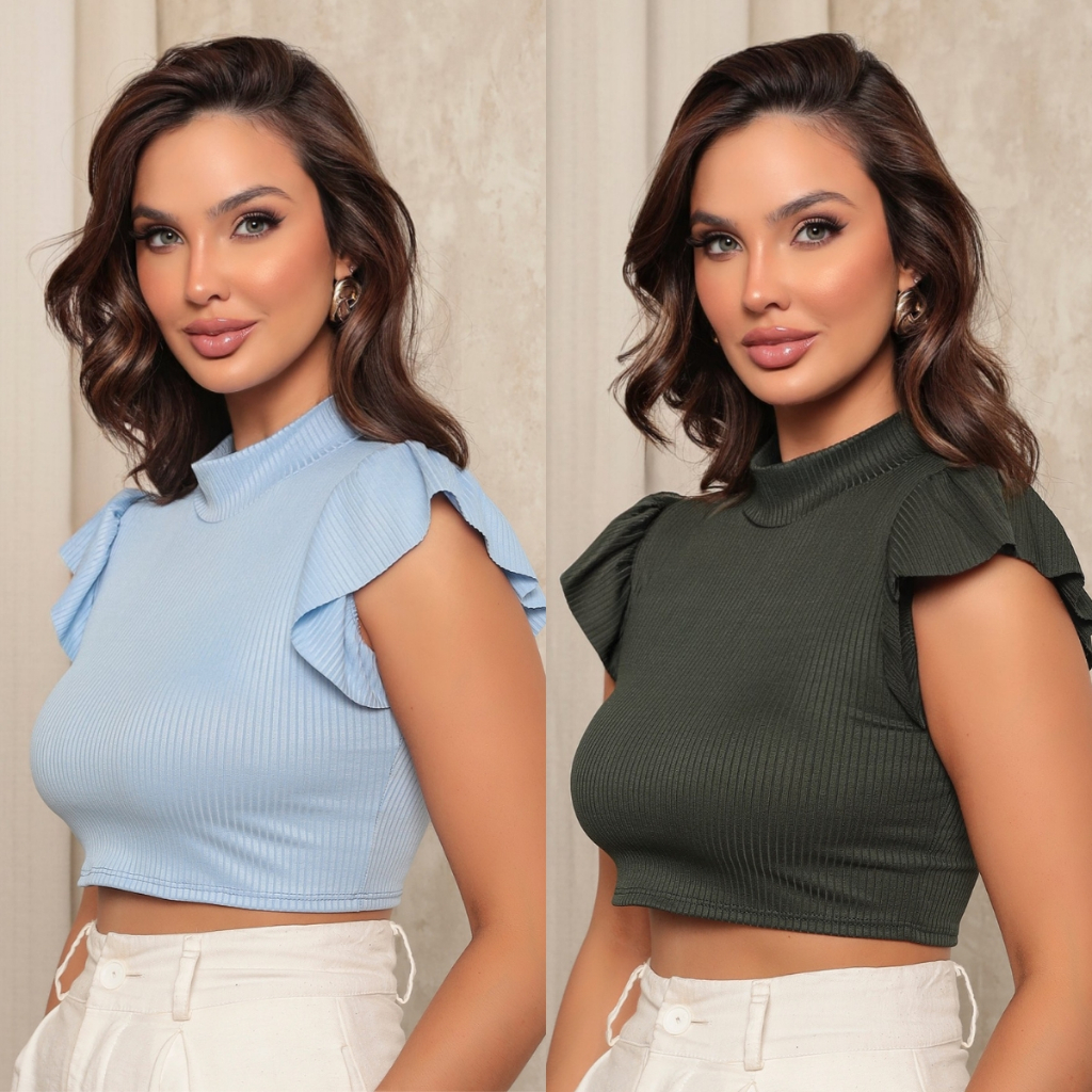 Kit Cropped Feminino Tecido Canelado Blusa Com Elastano Lycra Duas Peças Barato Promoção Curto