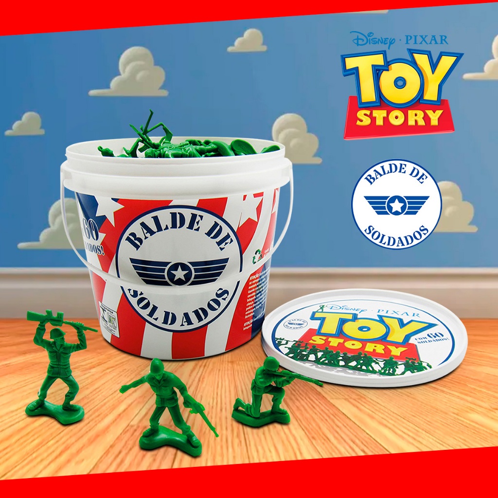 Brinquedo Balde de Soldadinhos, 100 Soldados, Balde Decorativo do Filme Toy Story Pixar Disney Toyng
