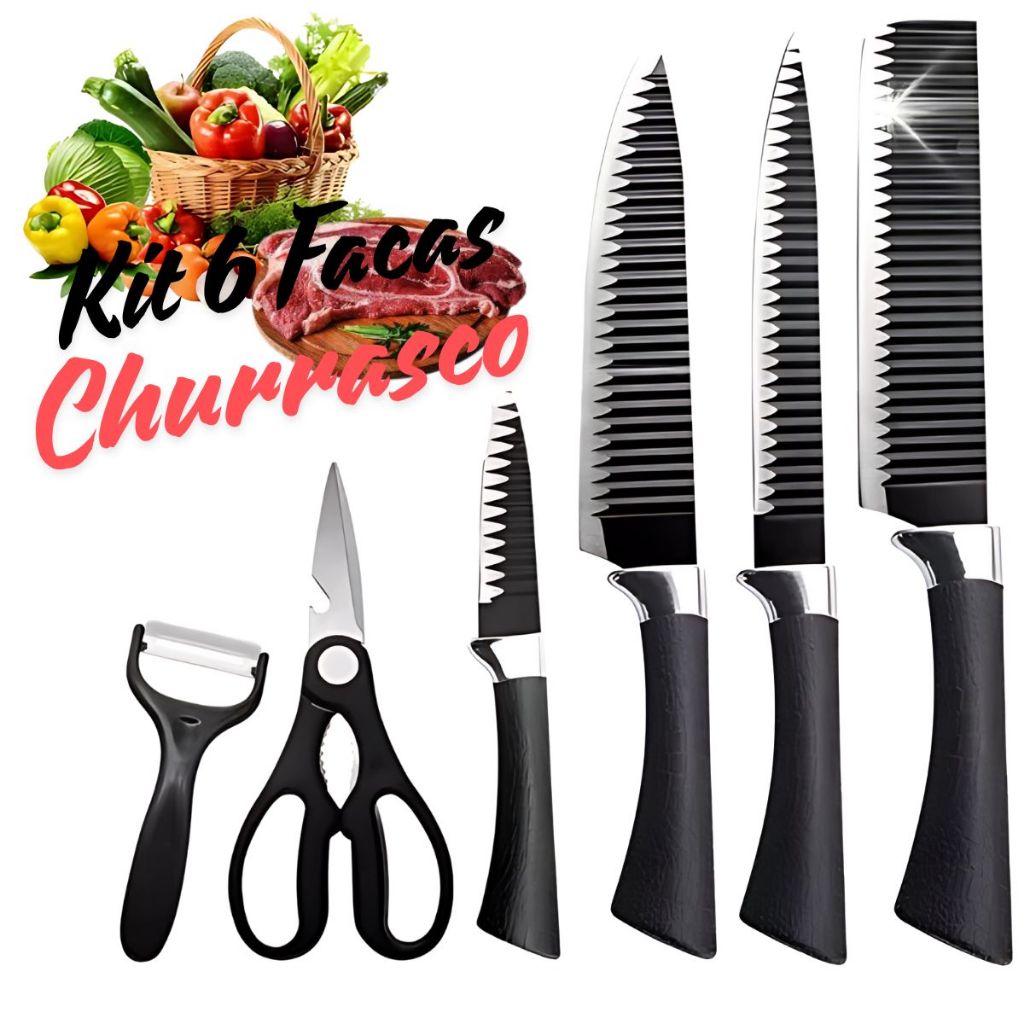 Kit 6 Peças Conjunto de Faca Churrasco Carne Legumes Descascador Tesoura Profissional Antiaderente