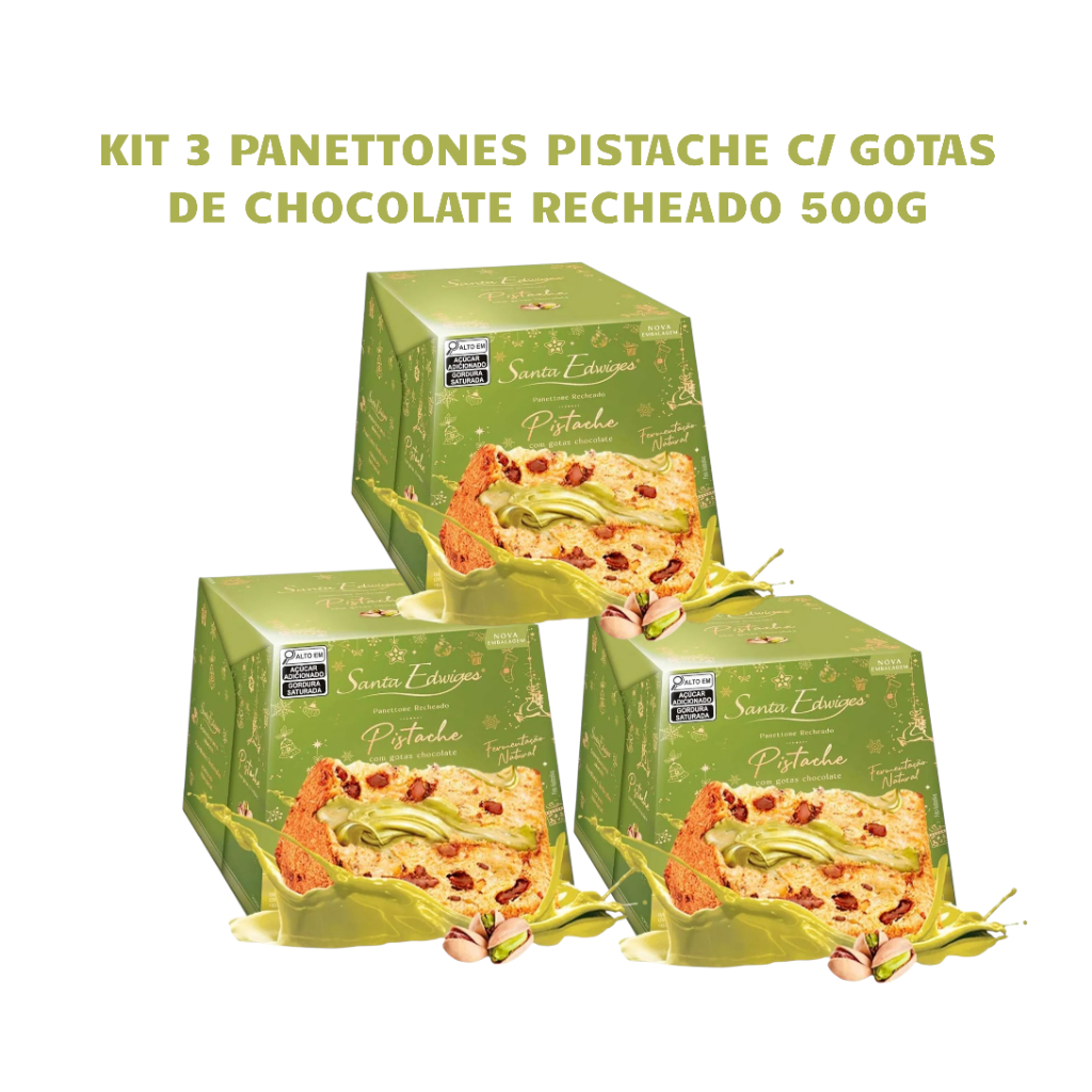 Kit Panetones 3 Unidades Pistache Gotas Chocolate ou Doce De Leite Recheado 500g