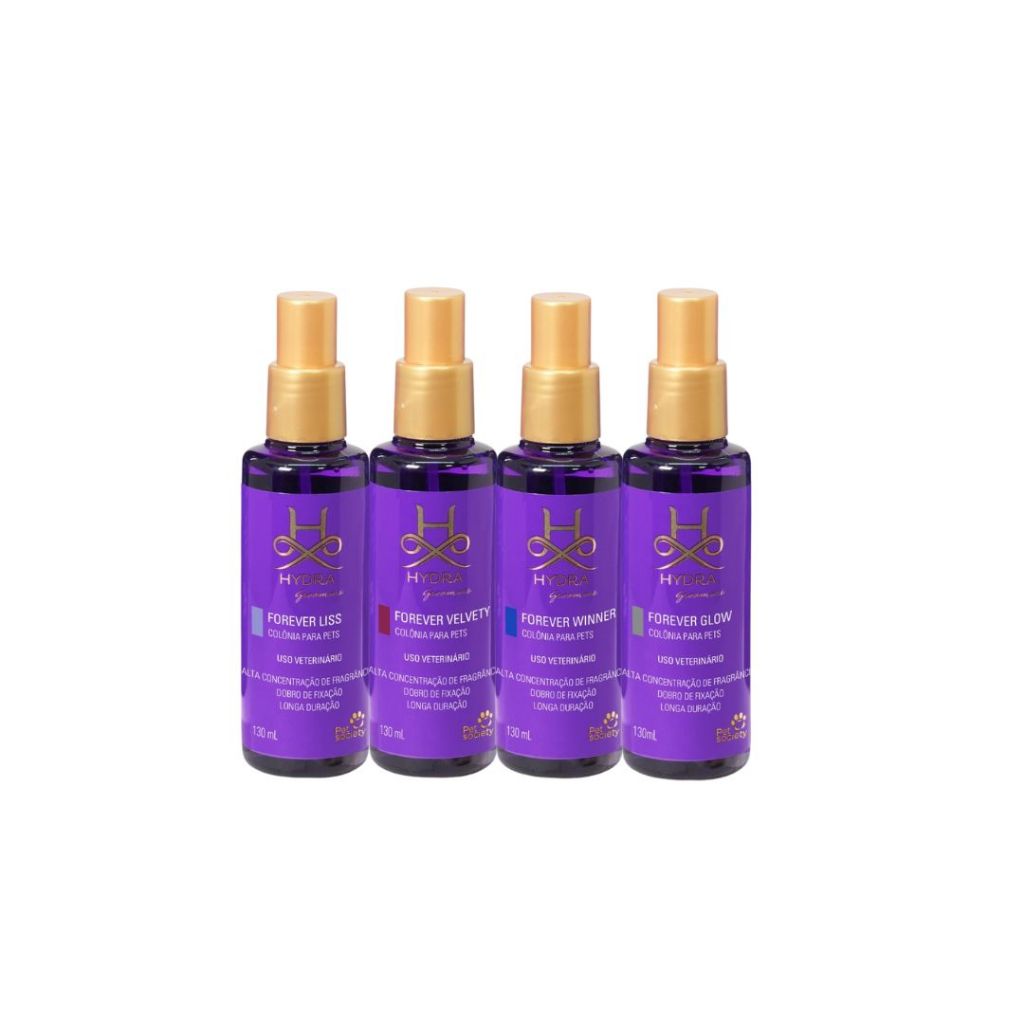 Kit 4 Colônias Pet Cães e Gatos Hydra Groomers - Liss, Velvety, Winner e Glow 130mL