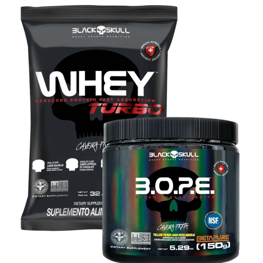 Kit 1x Whey Turbo Refil 900g + 1x Pré Treino BOPE 150g Frutas Vermelhas - BlackSkull em Oferta na Shopee