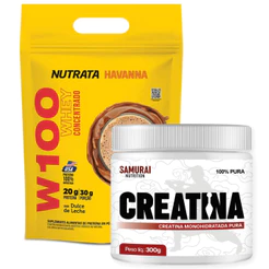 Whey W100 Nutrata Refill 900g 100% Concentrado + Creatina Pura 300g Samurai Monohidratada
