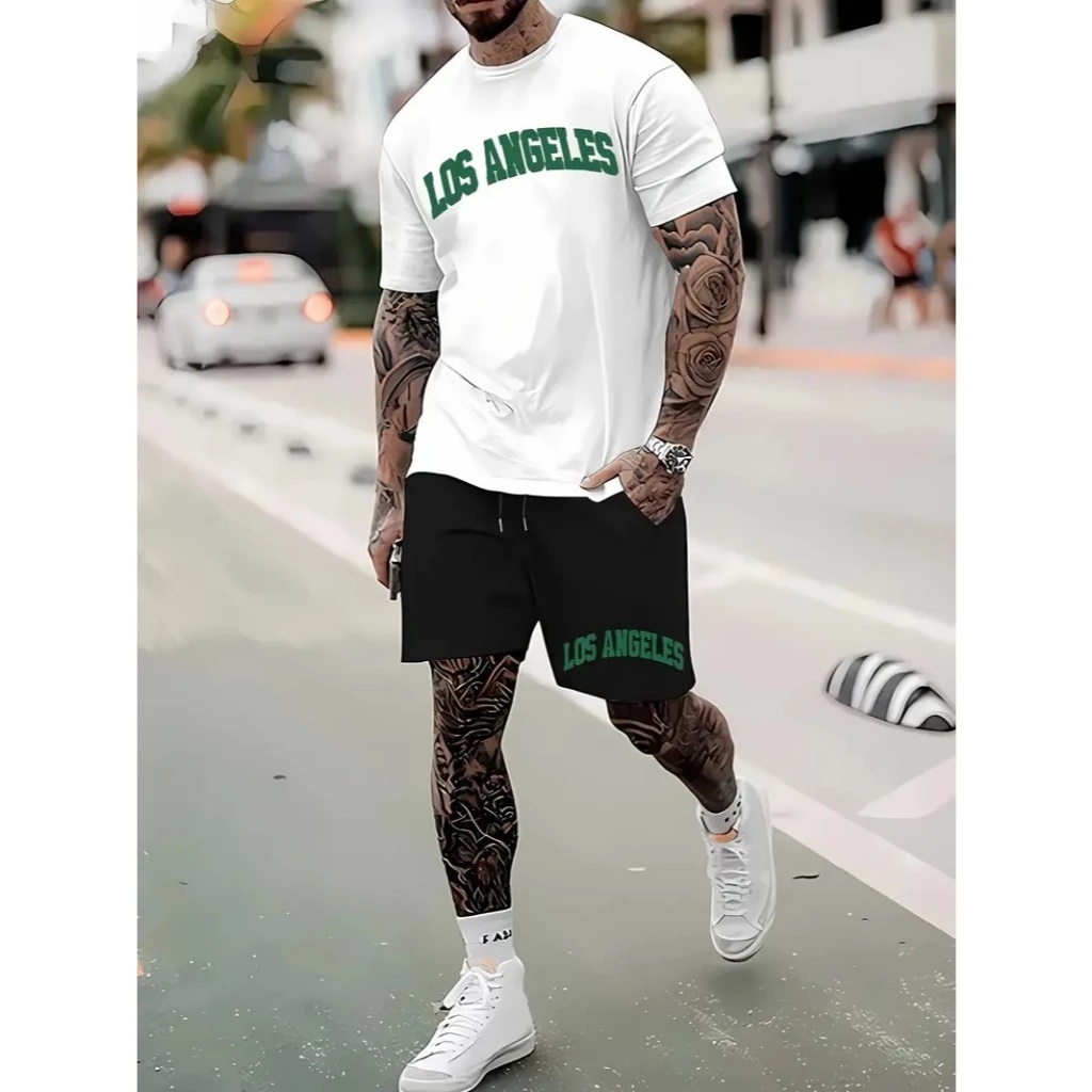 Conjunto Masculino Camisa e Short Estampa Los Angeles Verde Cidades EUA Kit Camisa e Bermuda
