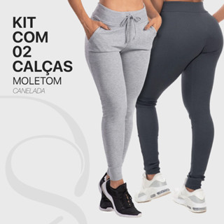 Kit 2 Calça Feminina Cintura Alta Jogger Canelada Tipo Moletom