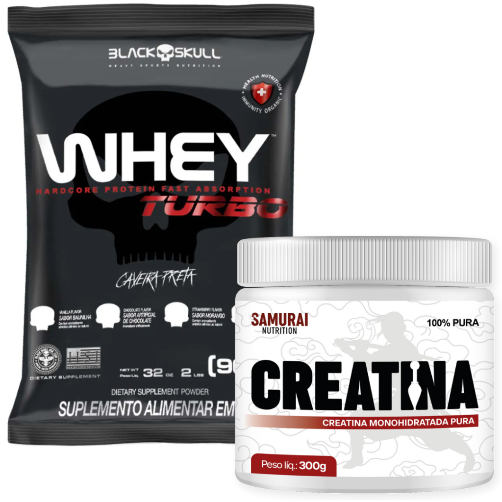 Kit 1x Creatina Monohidratada Pura 300g Samurai Nutrition + 1x Whey Turbo 907g BlackSkull