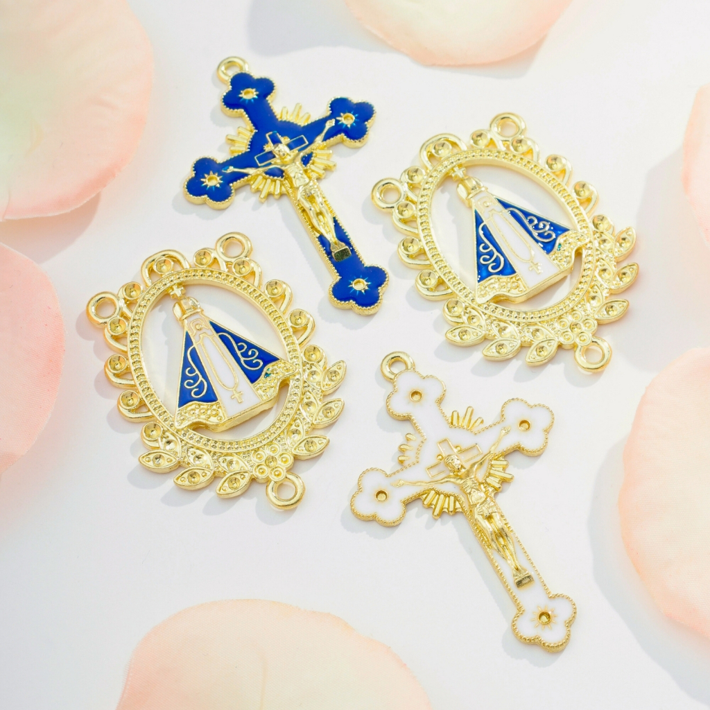 Entremeios Crucifixos Nossa Senhora Aparecida Resinado Dourado Para Terço Alta Qualidade Asas da Fé