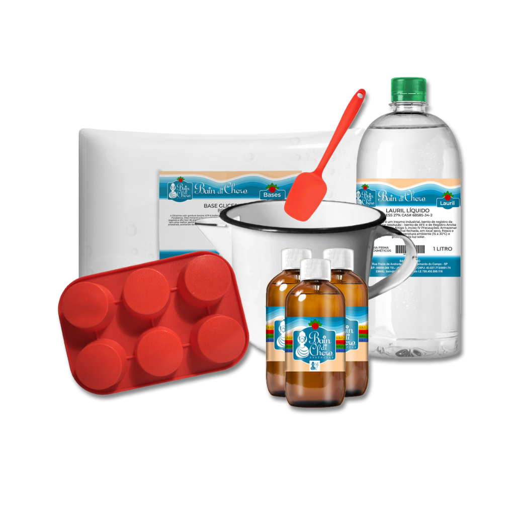 Kit Iniciante de Saboaria Essencial com Essência, Base Glicerinada, Lauril, Extrato e Leiteira