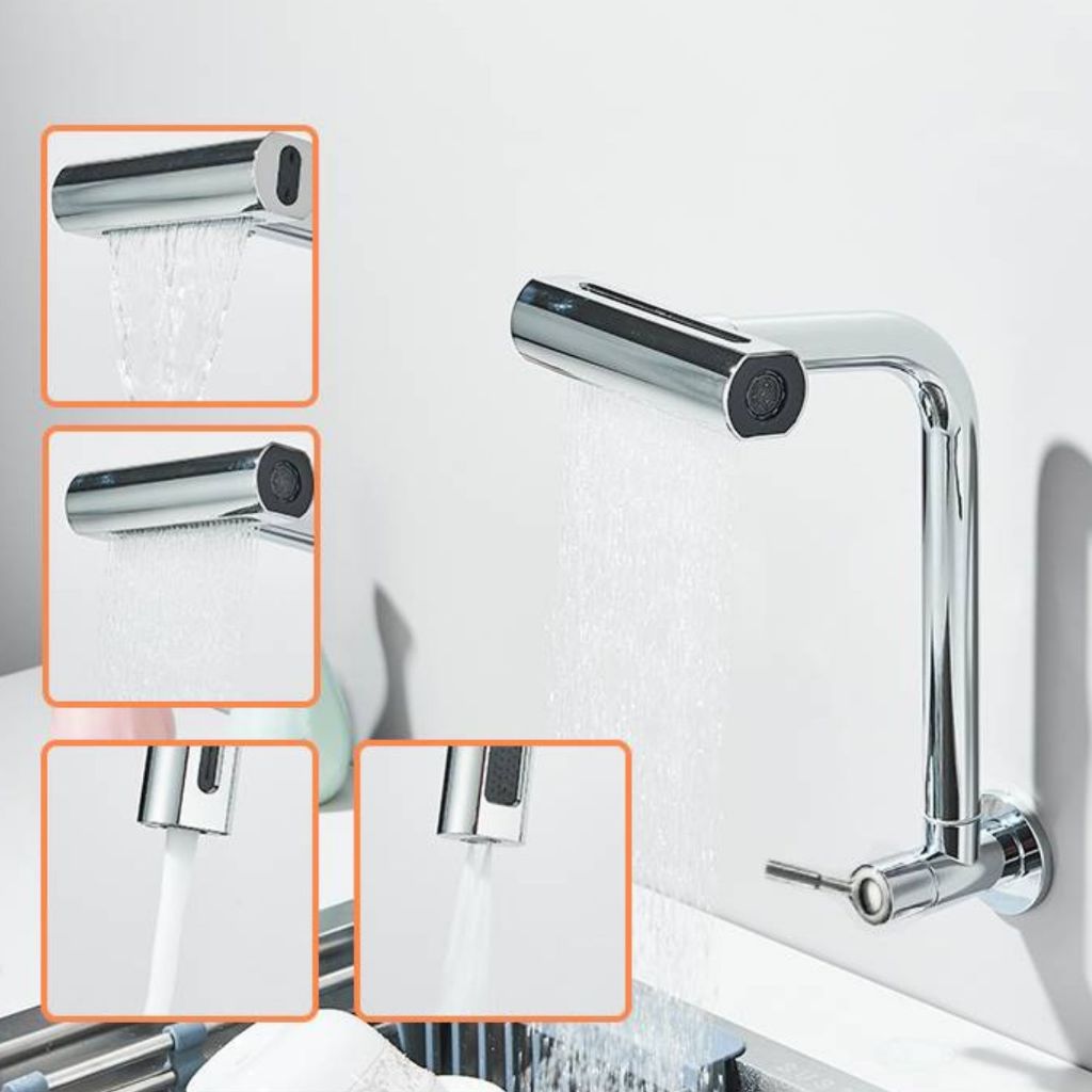 Torneira De Cozinha Cascata 360 Rotação 4 Funções Bocal De Alta Pressão Misturadora De Pia Para Cozinha Na Parede