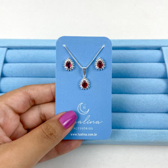 Conjunto Colar e Brinco Gota Rubi Vermelho - Banhado a Prata - Brilhoso Zircônia Festa Casamento Formatura