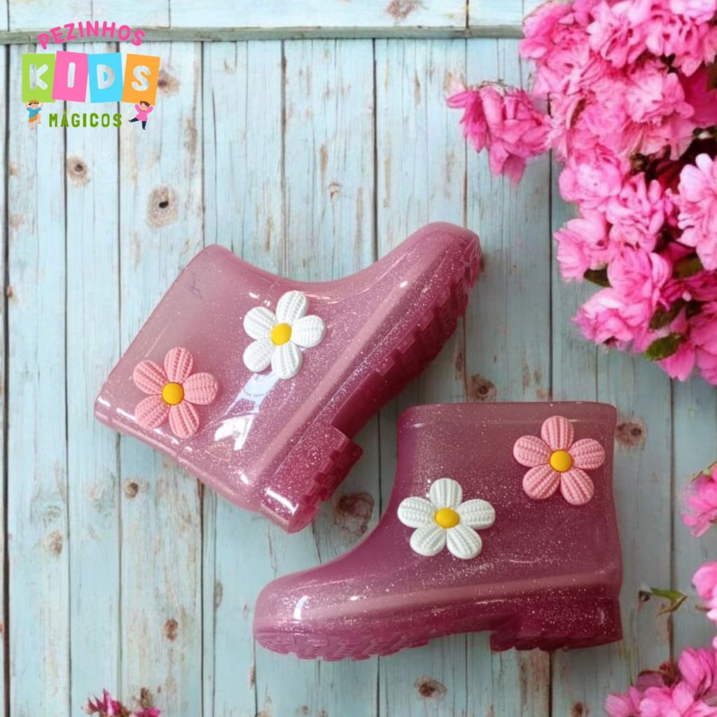 Galocha Bota De Chuva Infantil Juvenil Menina Confortável Transparente Gliter Flores Leve Impermeável Estilosa