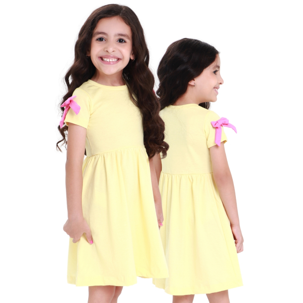 Vestido Infantil Menina Rodado Básico 100% Algodão com Laço na Manga Modelo Verão
