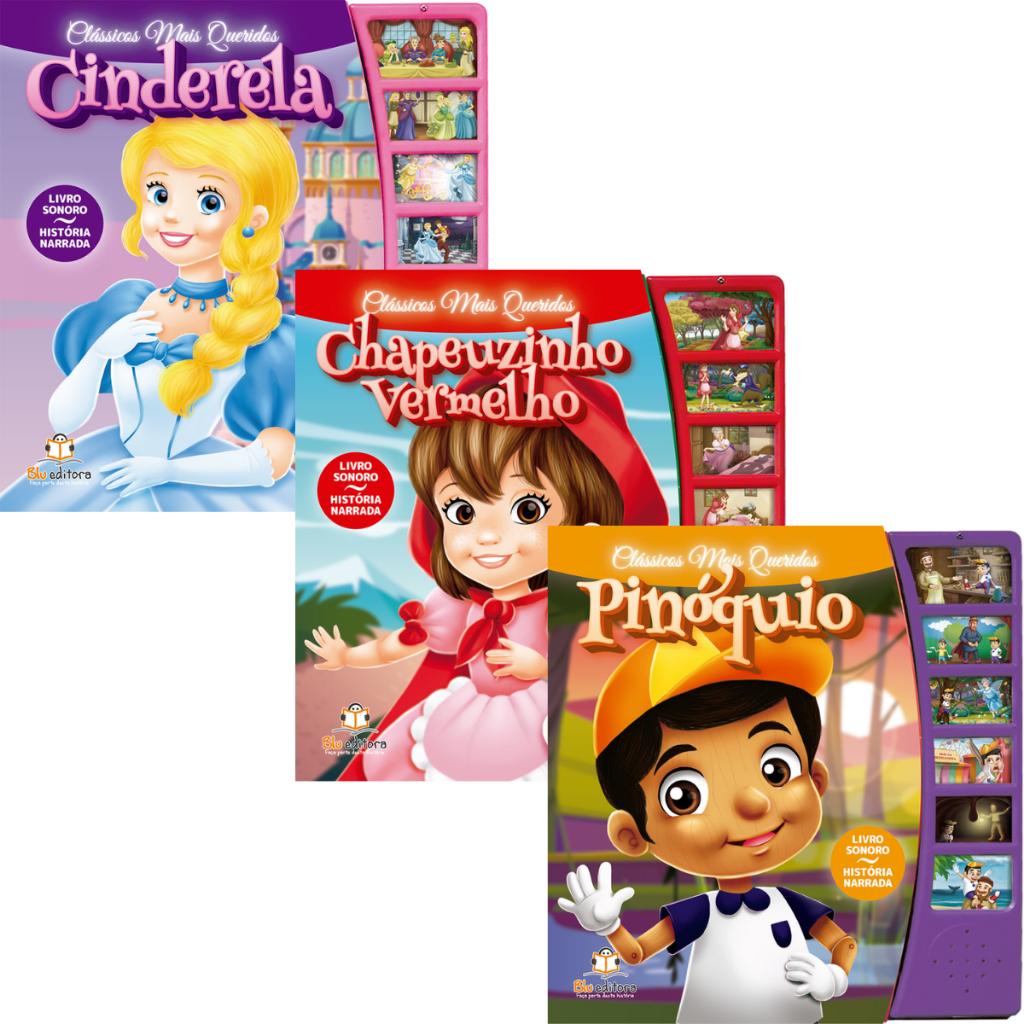 Kit Livros Sonoros Cinderela + Pinóquio + Chapeuzinho Vermelho Blu Crianças Filhos Infantil